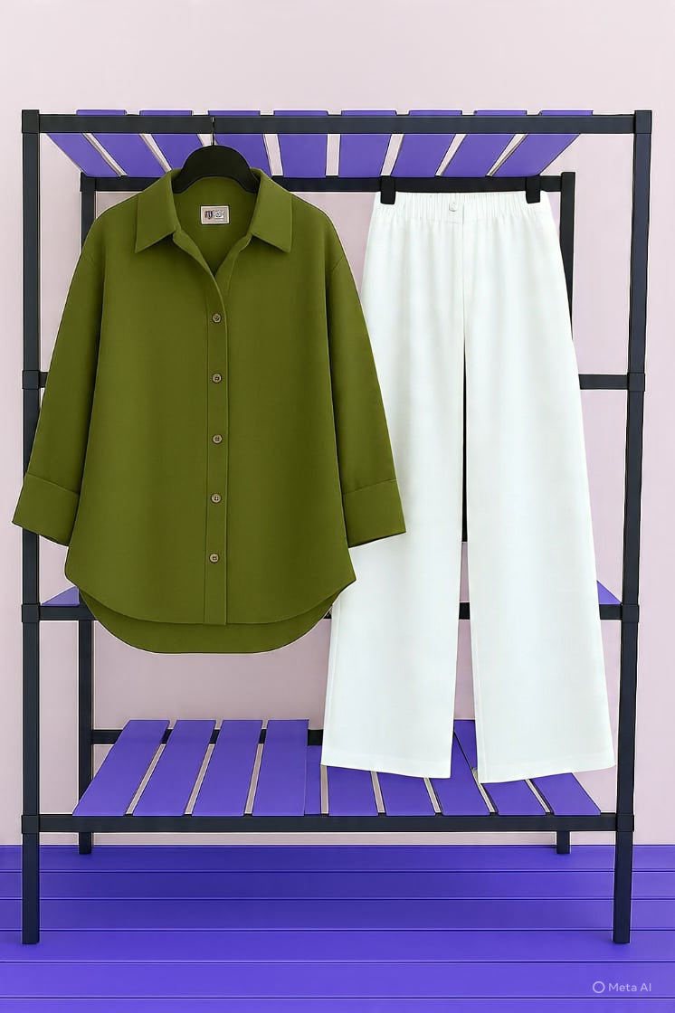 Olive Shirt & White Pant Set
