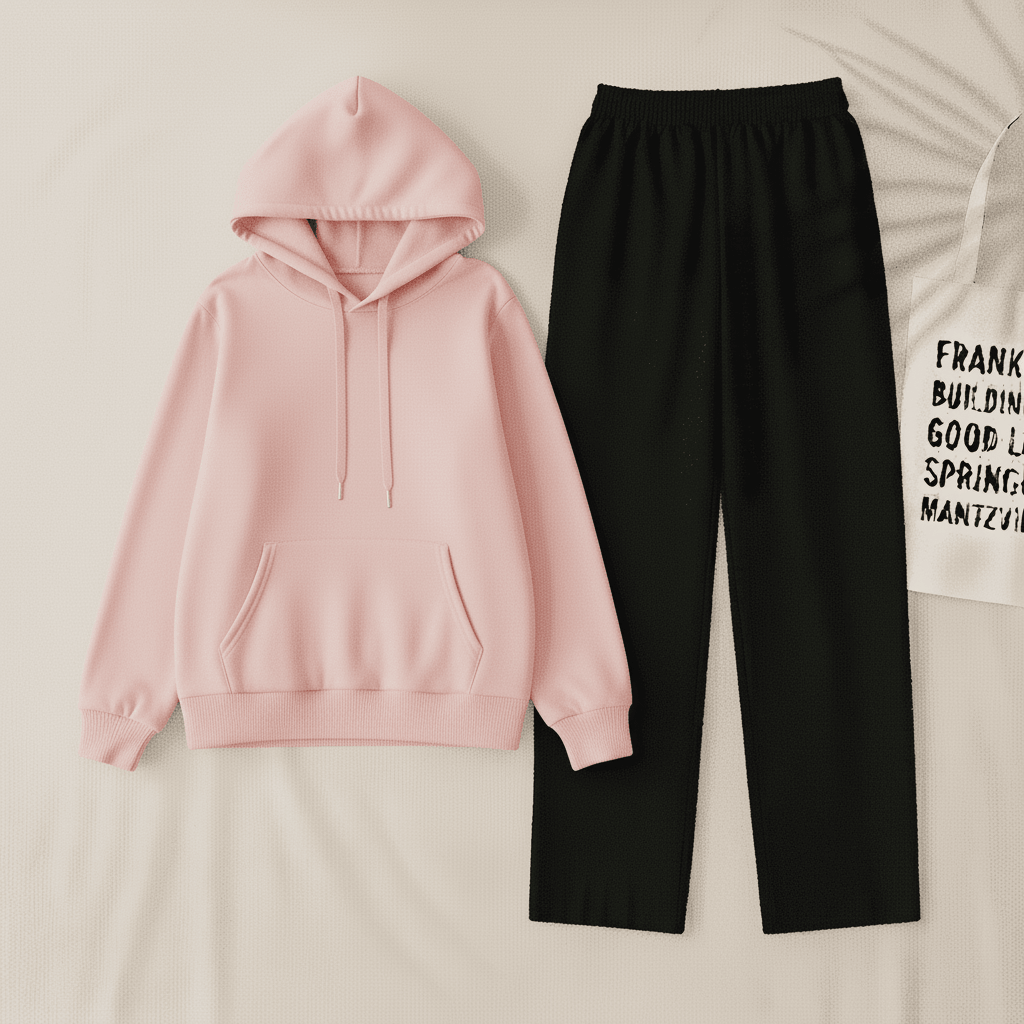 Baby Pink Hoodie & Black Flapper Trouser