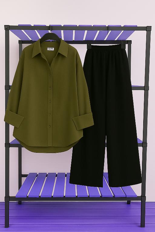 Olive Shirt & Black Pant Set