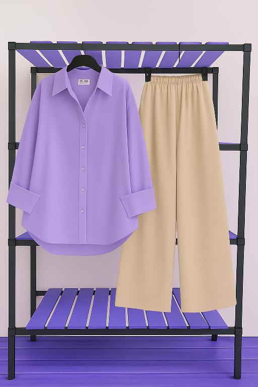 Lavender Shirt & Beige Pant Set
