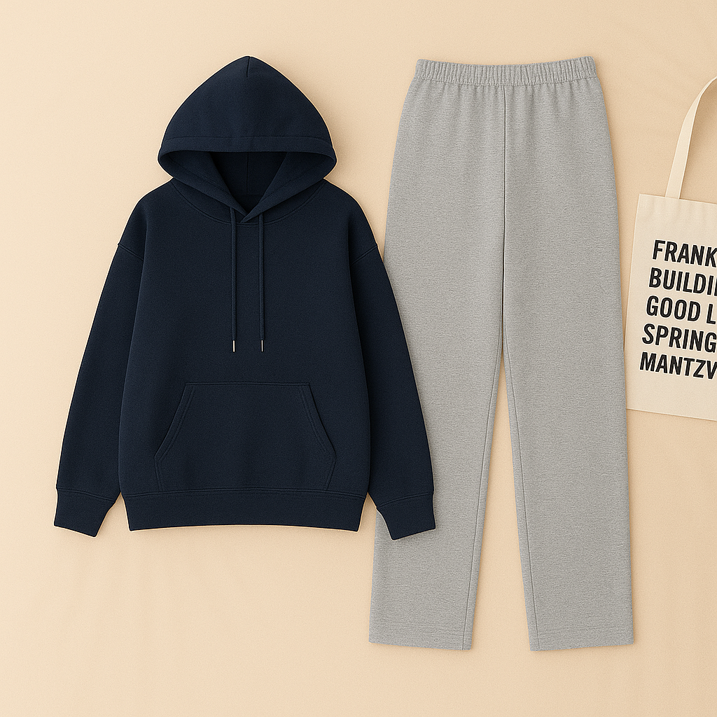 Navy blue Hoodie & Grey Flapper Trouser Set