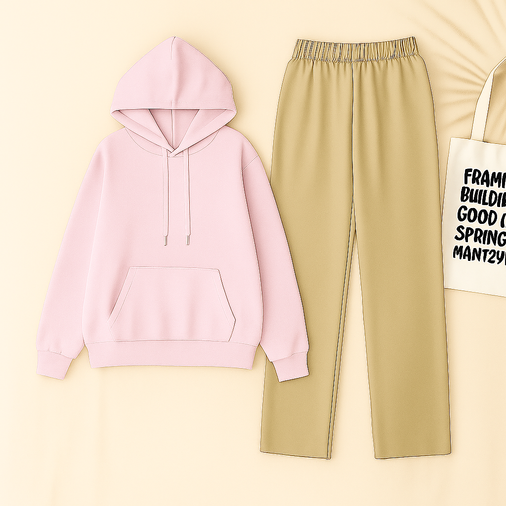 Baby Pink Hoodie & Beige Flapper Trouser