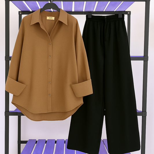 Brown Shirt & Black Pant Set