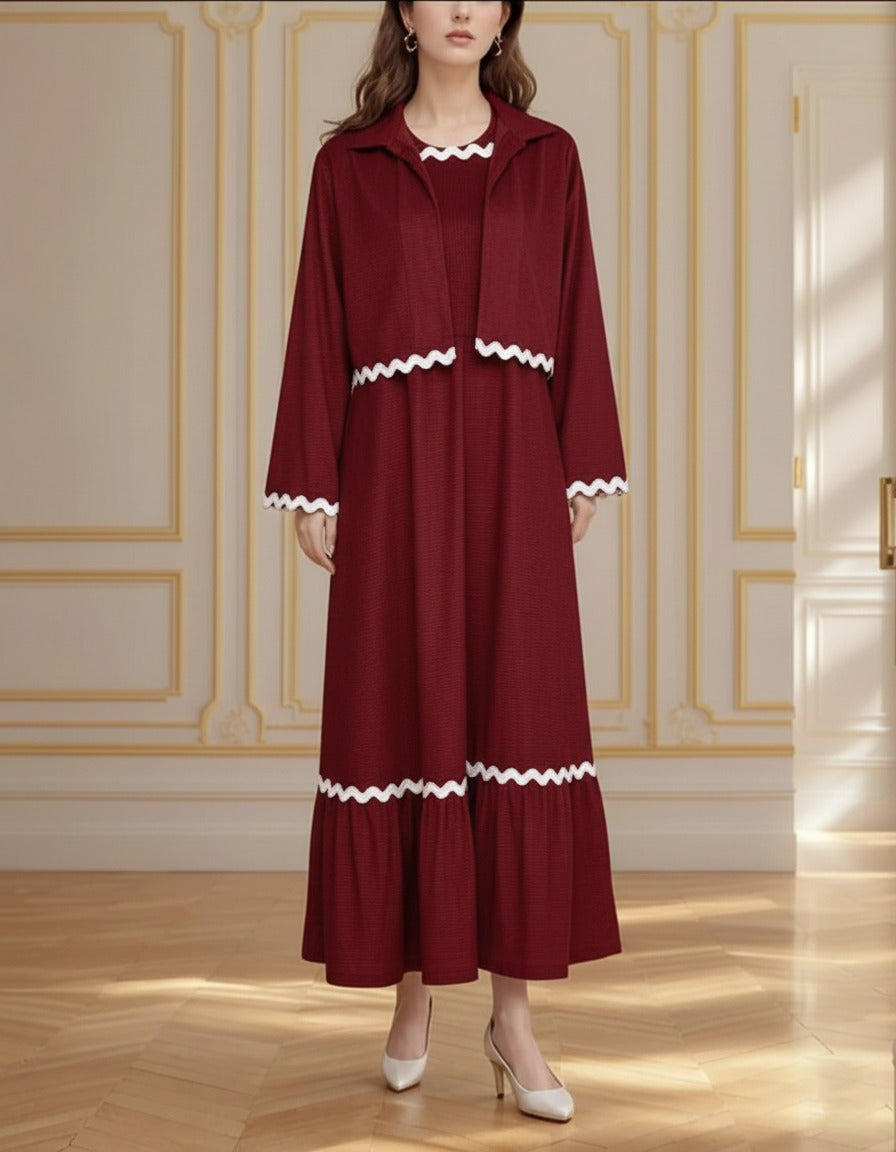 Burgundy Wave Rickrack Maxi Dress & Jacket Set