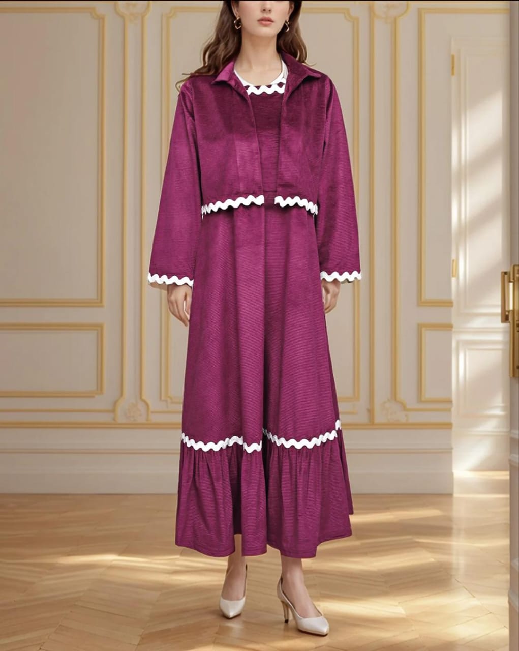 Burgundy Wave Rickrack Maxi Dress & Jacket Set
