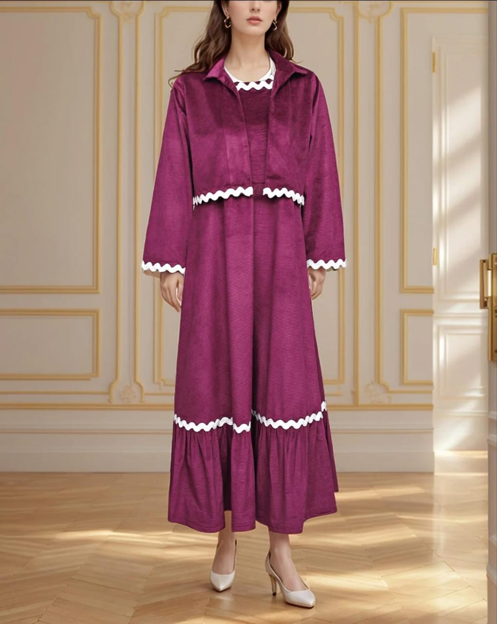 Burgundy Wave Rickrack Maxi Dress & Jacket Set