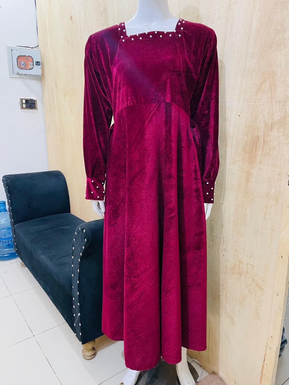 Luxury Beaded Wine Velvet Dress