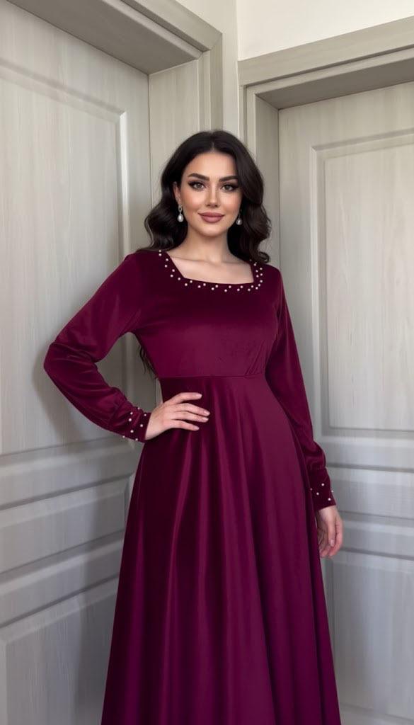 Luxury Beaded Wine Velvet Dress