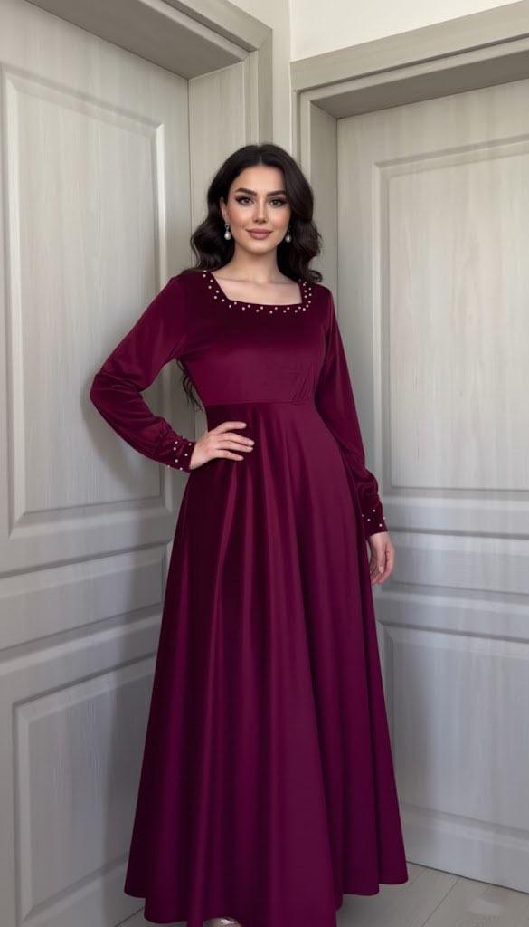 Luxury Beaded Wine Velvet Dress