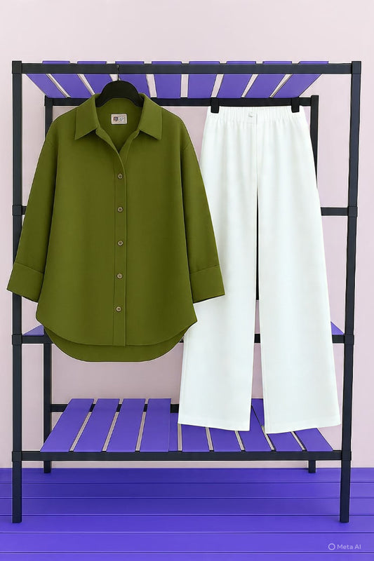 Olive Shirt & White Pant Set