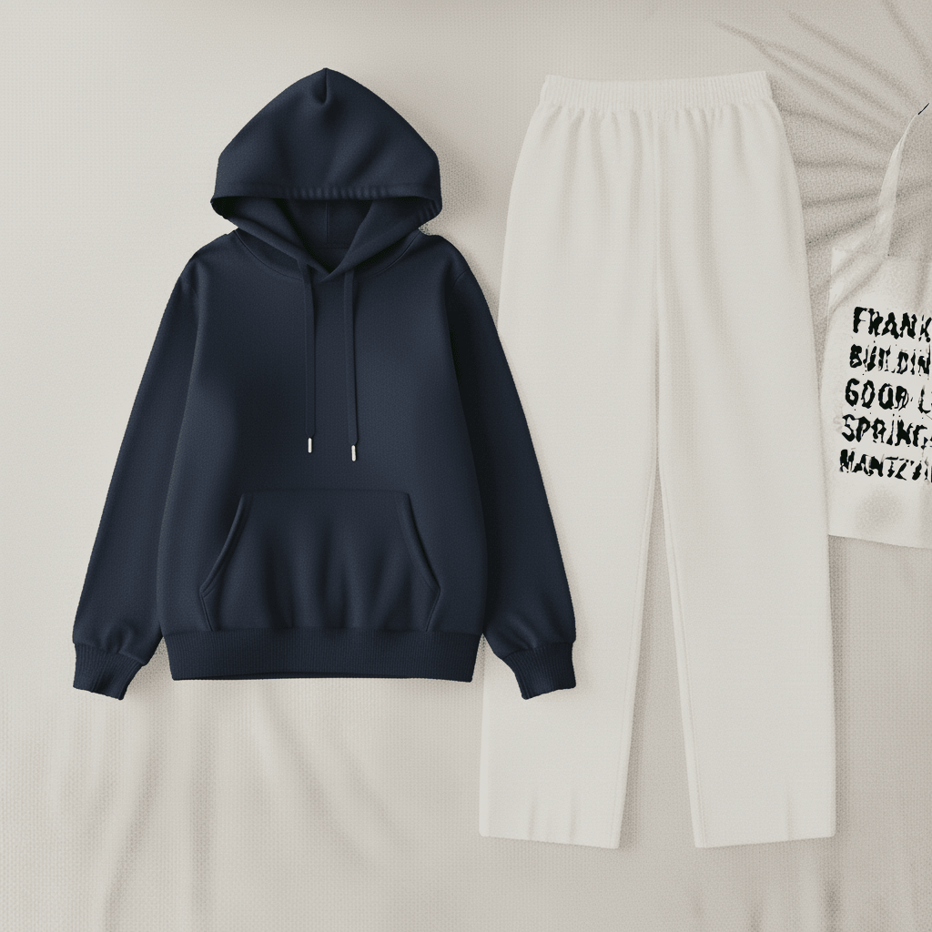 Navy blue Hoodie & White Flapper Trouser Set